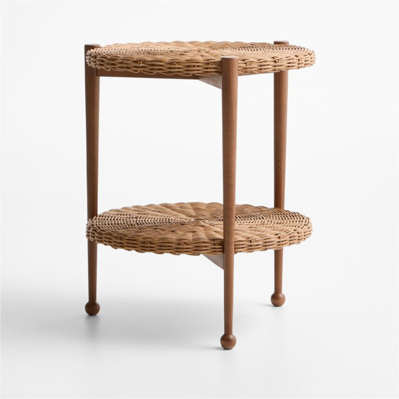 Margot Wicker and Brown Wood Round Nursery Side Table | Crate & Kids | Crate & Barrel