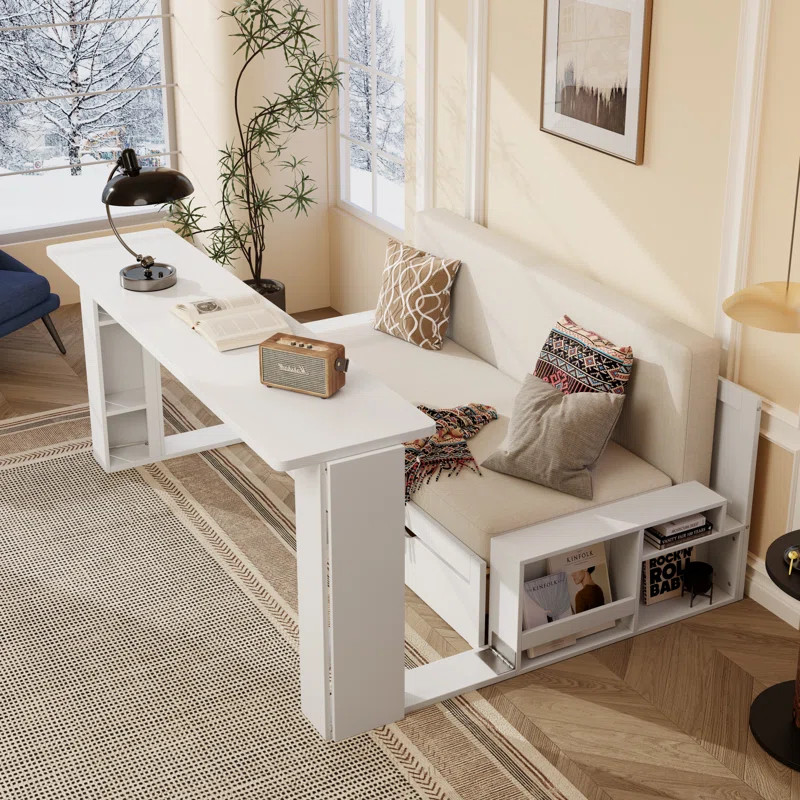 Queen Size Upholstered Daybed with Removable Desk, Storage Drawers, Hydraulic Side Table & Extend... | Wayfair North America