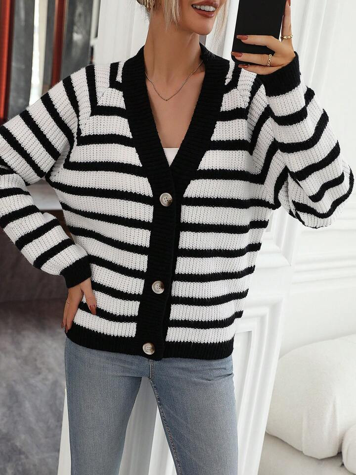 SHEIN Frenchy Striped Pattern Raglan Sleeve Cardigan | SHEIN