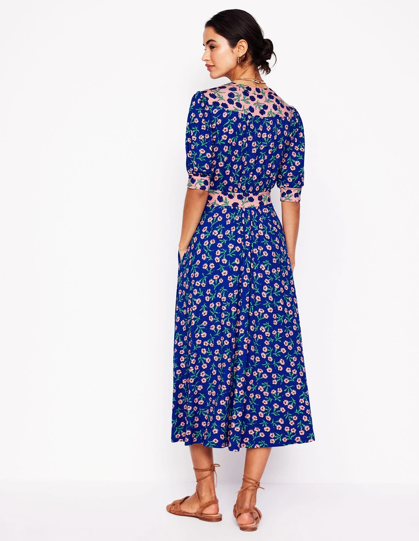 Lily Jersey Midi Tea Dress-Bright Blue, Carnation Sprig | Boden UK