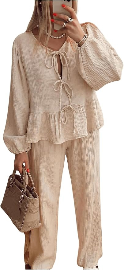 MakeMeChic Women's Two Piece Pajama Set V Neck Tie Front Lantern Sleeve Peplum Top and Pants Sets... | Amazon (US)