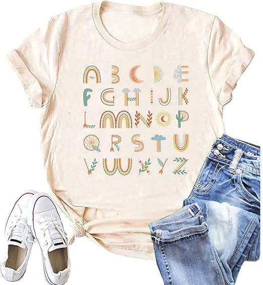 Teacher Shirt ABC Alphabet Elemeno Women Letter Print Graphic Tee Tops Teachers Gift Student T-Sh... | Amazon (US)
