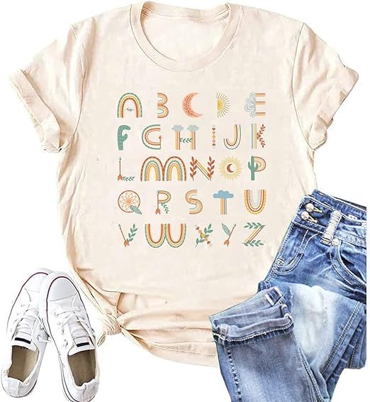Teacher Shirt ABC Alphabet Elemeno Women Letter Print Graphic Tee Tops Teachers Gift Student T-Sh... | Amazon (US)