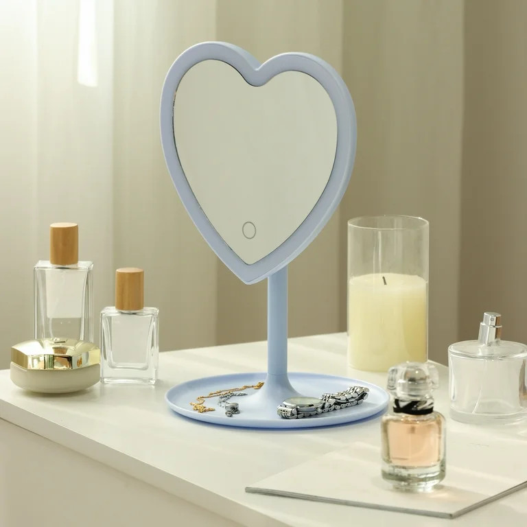 Mainstays 11.26" Tall Light Blue Plastic Frame Tabletop Heart Shaped LED Lighted Mirror with Trin... | Walmart (US)