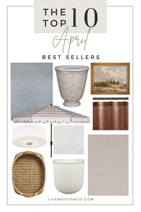 April bestsellers. Home decor. Outdoor rug. Neutral rug. Blue patio rug. Patio decor. Outdoor urn planter. Landscape painting. Shower curtain. White flush mount ceiling light. William Morris botanical wallpaper. Striped patio umbrella. Cabana striped umbrella. Scalloped patio umbrella. Target decor. Woven decorative tray. Coffee table decor. Fluted white planter. 

#LTKSeasonal #LTKhome #LTKstyletip