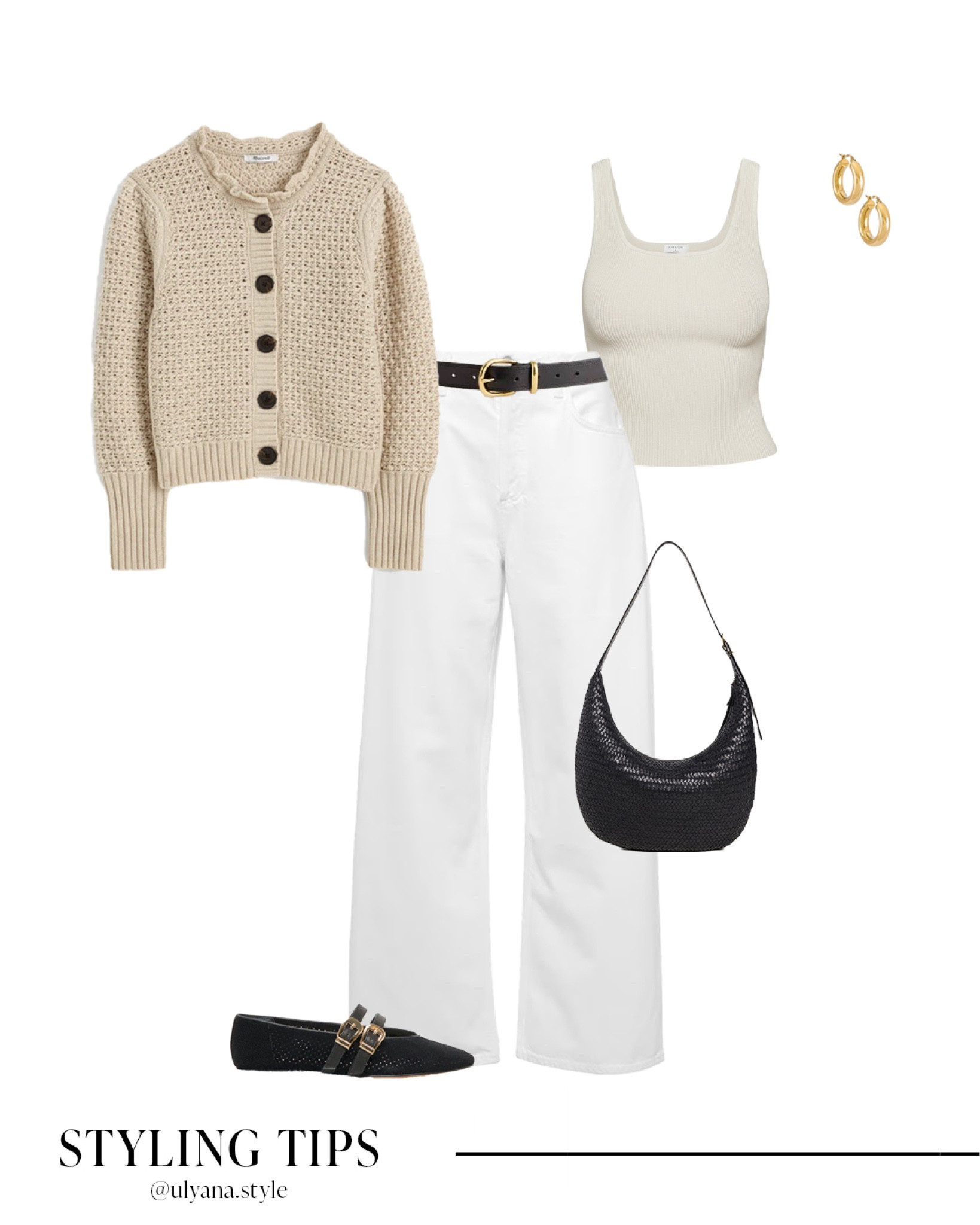Style a cozy cardigan with white straight-leg jeans, a classic tank top, ballet flats, a shoulder bag, a sleek belt, and hoop earrings for the perfect everyday look. Ideal for brunch, travel, or a polished casual outfit.
.
.
.
.
.
Travel outfit | classy outfit | spring outfit | winter work outfits | cardigan sweater | cardigan outfits | cardigan and jeans | beige cardigan | tan cardigan | work cardigan | jeans outfits | jeans and sweater | winter jeans outfit | white jeans outfit | black ballet flats outfit | mesh ballet flats | black Mary Jane flats | outfit inspo | outfit ideas | work outfit | workwear 

#LTKSeasonal #LTKU #LTKSaleAlert #LTKGiftGuide #LTKWorkwear #LTKTravel #LTKShoeCrush #LTKItBag #LTKPetite 

#LTKStyleTip #LTKFindsUnder50 #LTKFindsUnder100