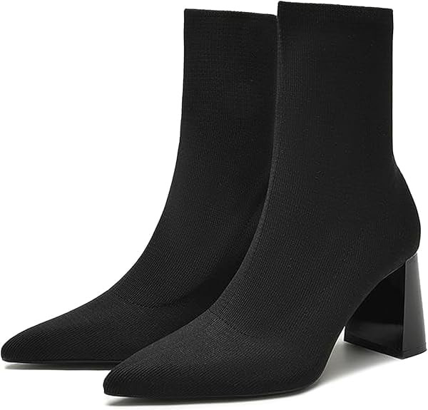 Women's Knitted Chunky Heel Elastic Sock Booties Pointed Toe Slip On High Heel Dress Ankle Boots | Walmart (US)