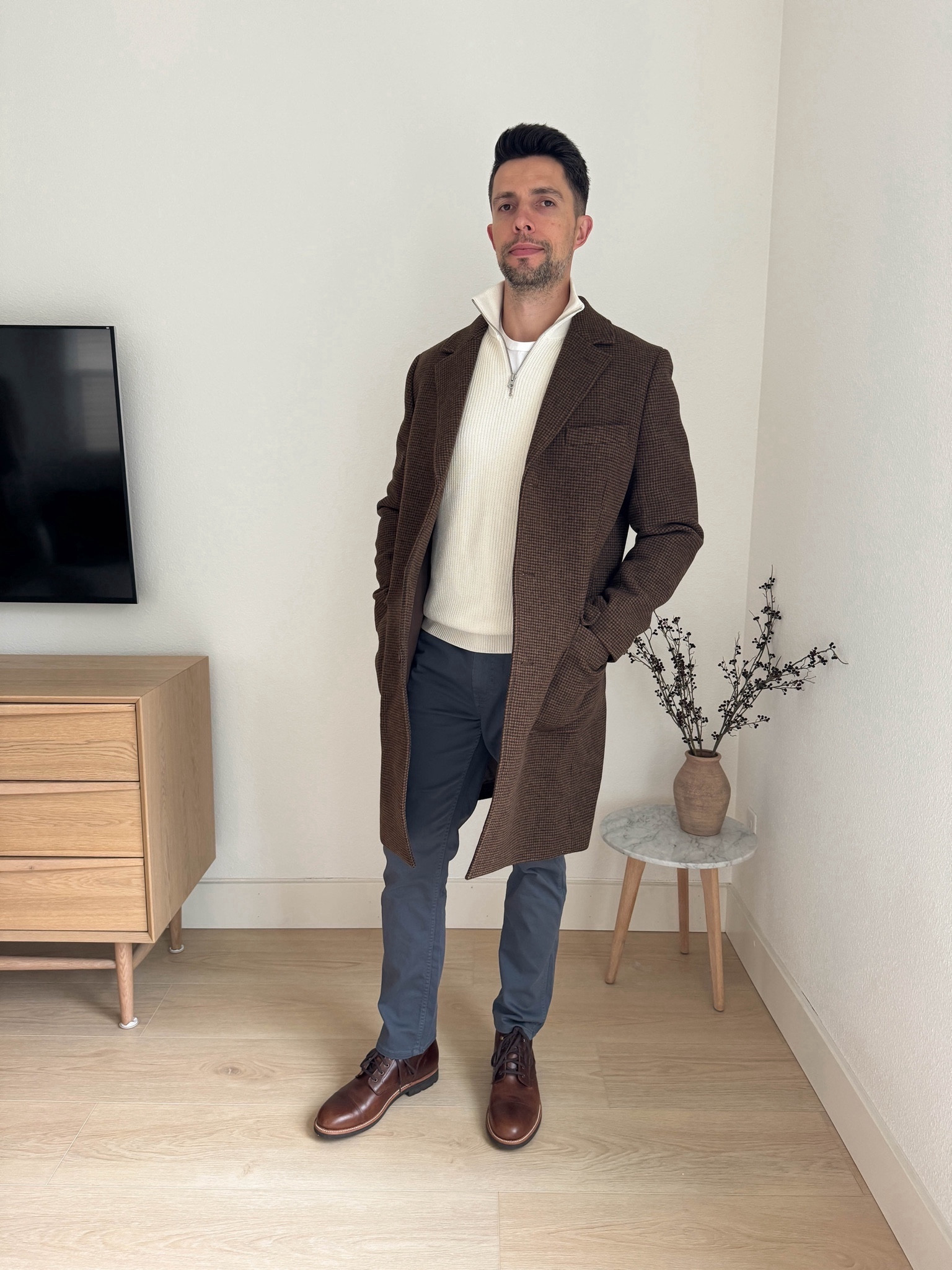 Men’s fashion. Mikes wardrobe overhaul. This coat from j.crew is stunning. Runs tts. Also these rails pants are amazing. Super soft and comfy!!! Run tts. 

Mike is 6’3”. Wears a large in tops and bottoms. 

J.crew coat 42 regular 
Zara sweater xl (old)
Rails jeans 33x32
J.crew boots 12 

#LTKmens #LTKSeasonal #LTKshoecrush