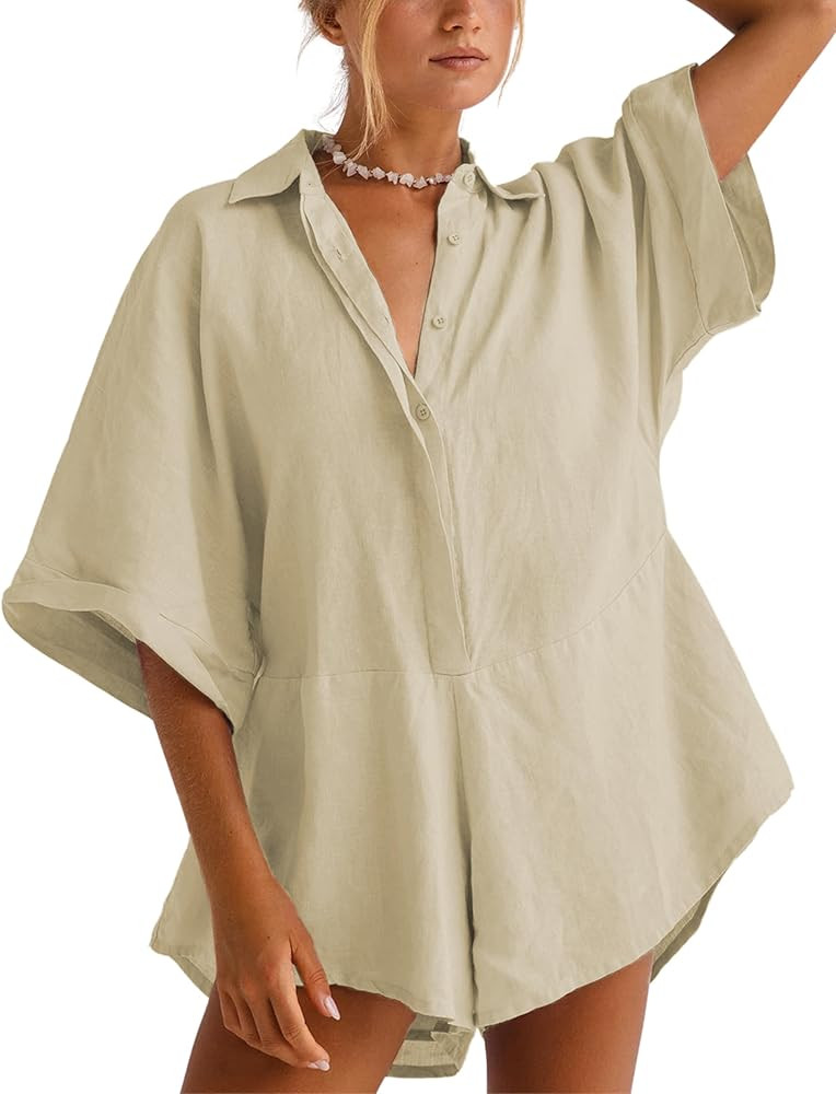 Women One Piece Jumpsuit V-Neck Half Button Collared Rompers Short Sleeve Onesie Playsuit Loose O... | Amazon (US)