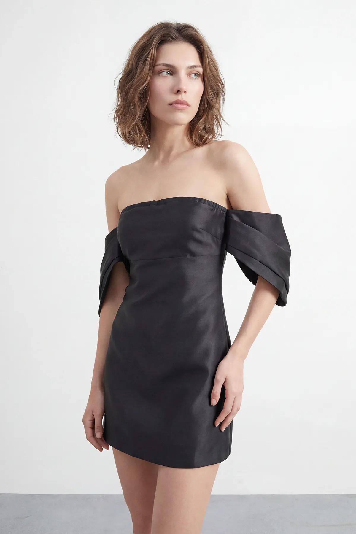 Black Warehouse Petite Structured Puff Sleeve Bardot Mini Dress | Karen Millen | Karen Millen UK + IE + DE + NL