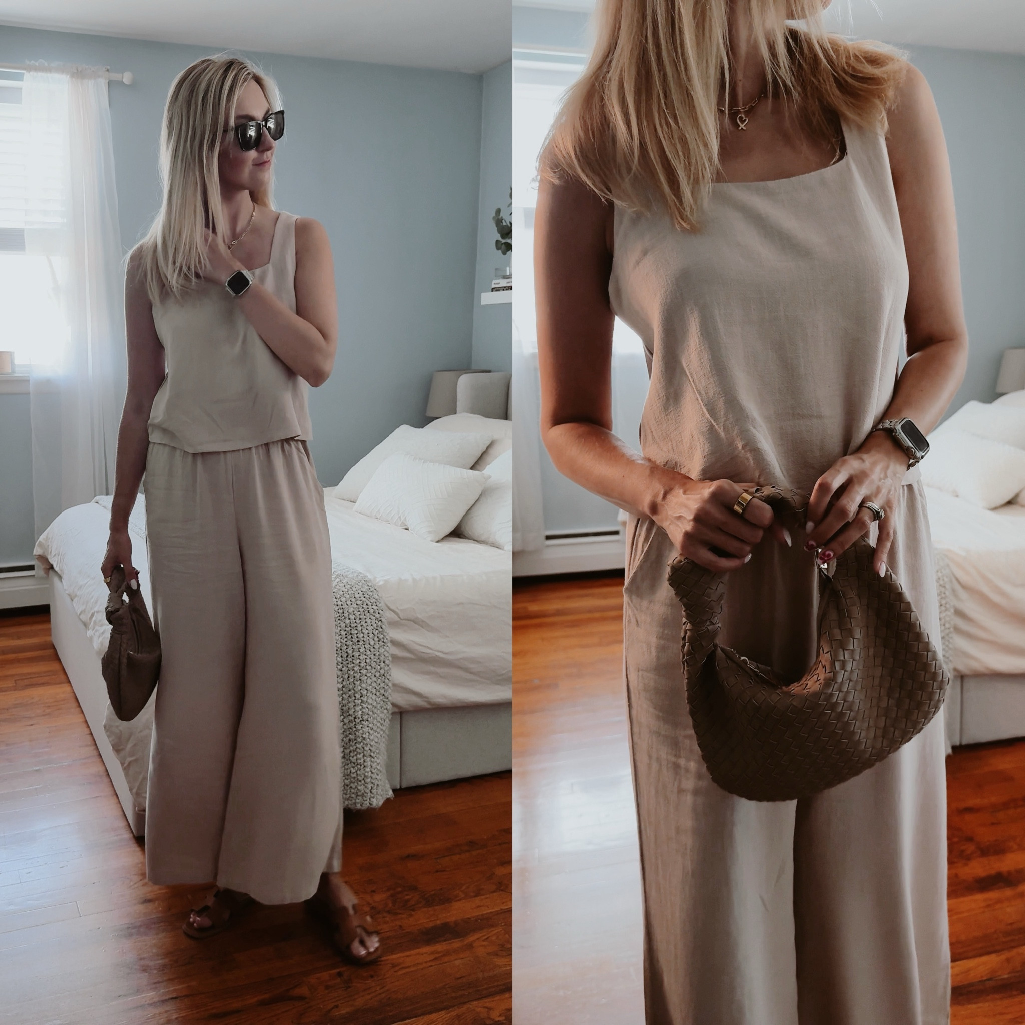 Linen blend two piece set is a new addition in my summer wardrobe. Breathable, versatile and comfortable. Wearing it in size small and apricot color.
Matching the set with Harper Wilde strapless bra and soft thongs.

Summer ootd • hot summer day • linden set • outfit of the day • neutral colors • summer in the city • brown slides • summer sandals 