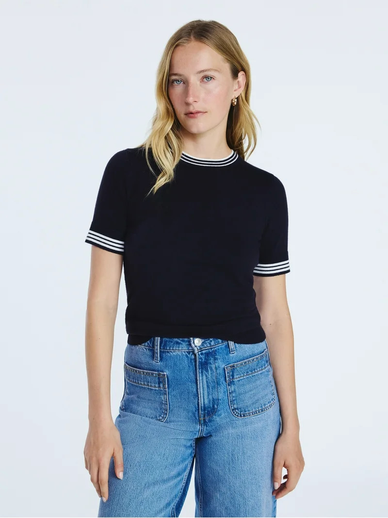 Free Assembly Women's and Women's Plus Cozy Yarn Shrunken Sweater Tee with Short Sleeves, Solid &... | Walmart (US)