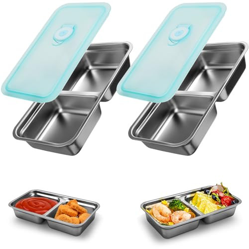 Stainless Steel Reusable Snack Containers with Lids, Grab and Go Double Compartments Snackle Box Containers, Small Sauce Condiment Containers for Travel,School,Camping, Dishwasher Safe, 2 Pack, 15.2oz | Amazon (US)