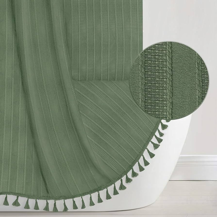 Seasonwood Boho Green Shower Curtain for Bathroom 72 X 72 Inches Textured Vertical Stripe Tassel ... | Amazon (US)