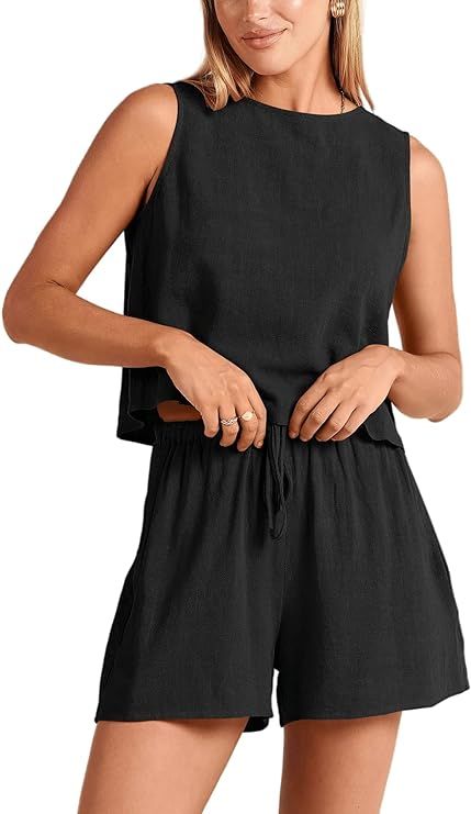GINNIZORA Women's Summer 2 Piece Outfits Linen Shorts Sets Crew neck Sleeveless Crop Tank Top and... | Amazon (US)