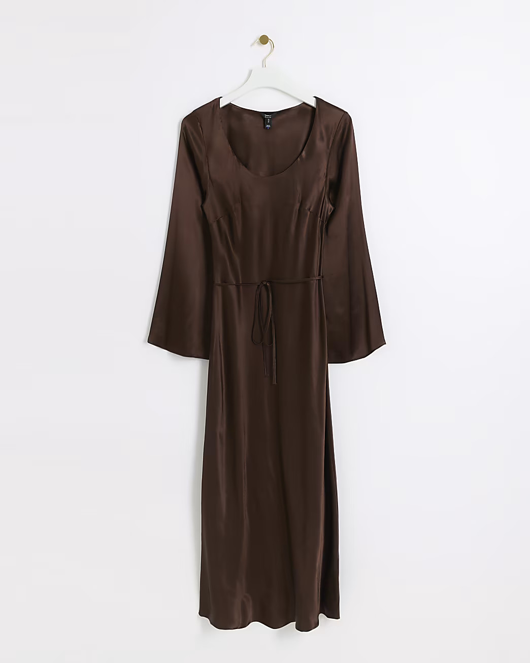 Brown satin belted slip midi dress | River Island (US)
