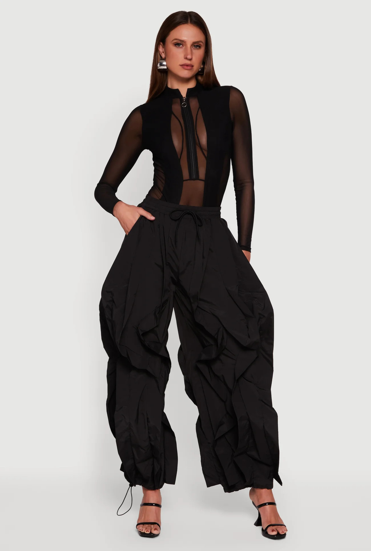 Drawstring Waist Ruffle Parachute Pants | Rainbow Shops