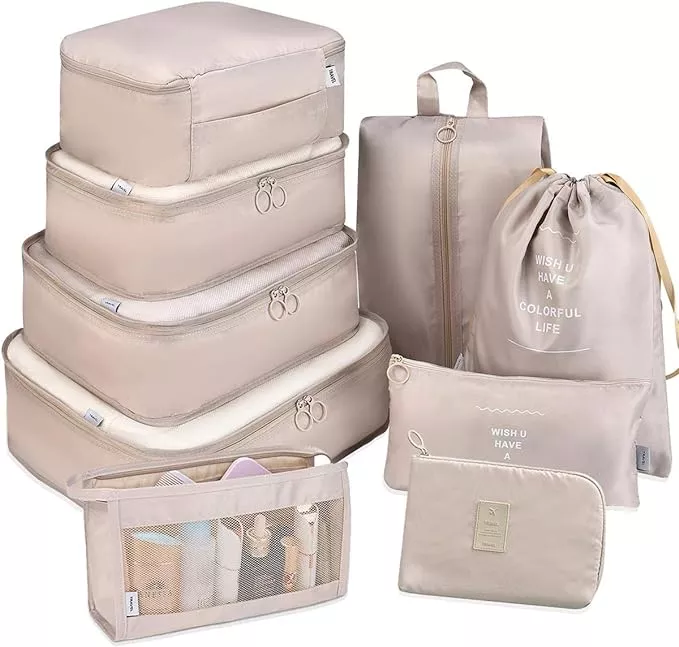 VAGREEZ Packing Cubes, 7 Pcs Travel Luggage Packing Organizers Set with Toiletry Bag (Beige)