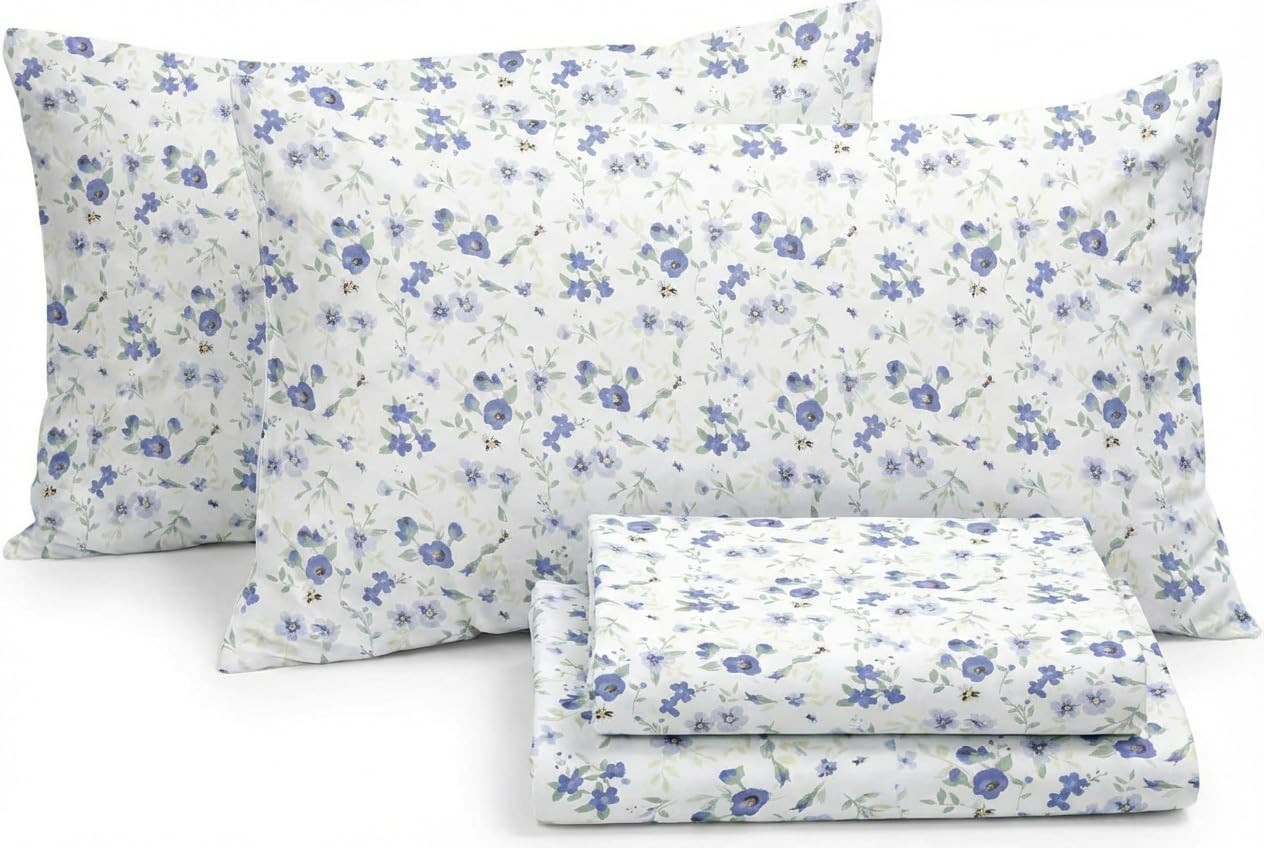 Linen Market 4 Piece Queen Sheet Set - Breathable, Double-Brushed Patterned Cooling Sheets – Ultra Soft & Wrinkle-Free 16" Deep-Pocket Queen Sheets - Easy Care Blossoms Light Blue | Amazon (US)