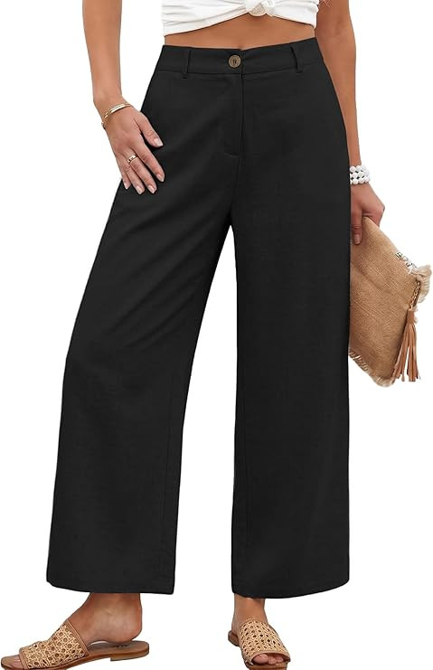 KICZOY Womens Linen Wide Leg Pants Casual Zipper Front Summer Cropped Trousers Dressy Pants with ... | Amazon (US)
