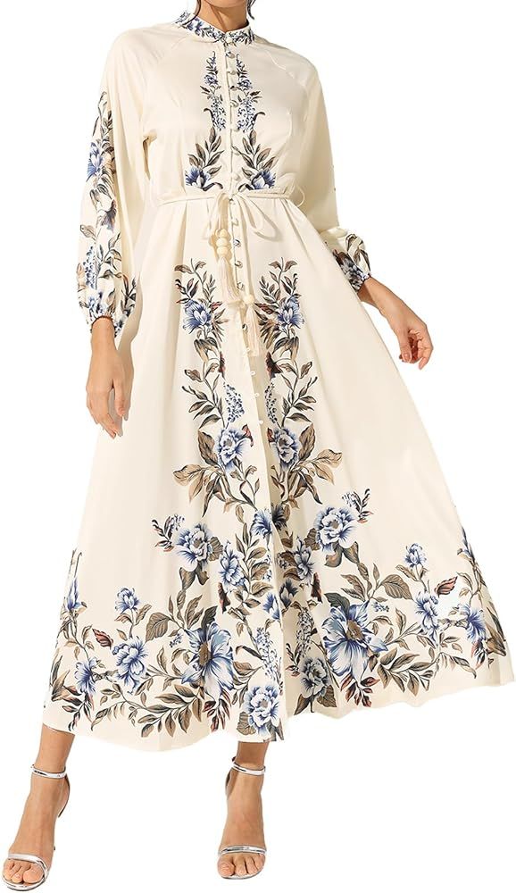 Bohemian Print Long Sleeve Dress for Women Midi Floral Tea Party Dress | Amazon (US)