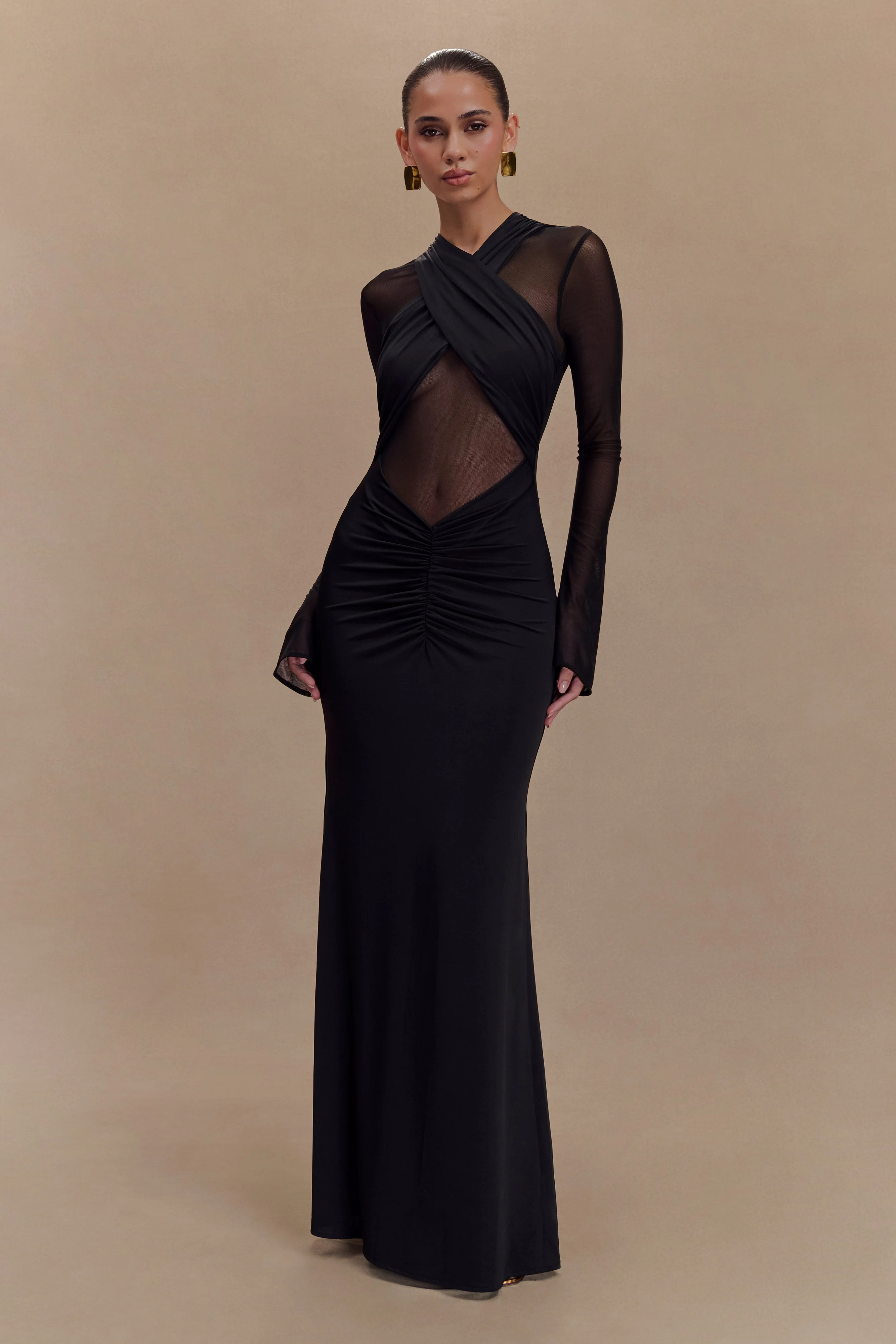 Slinky And Mesh Long Sleeve Maxi Dress - Black | MESHKI US