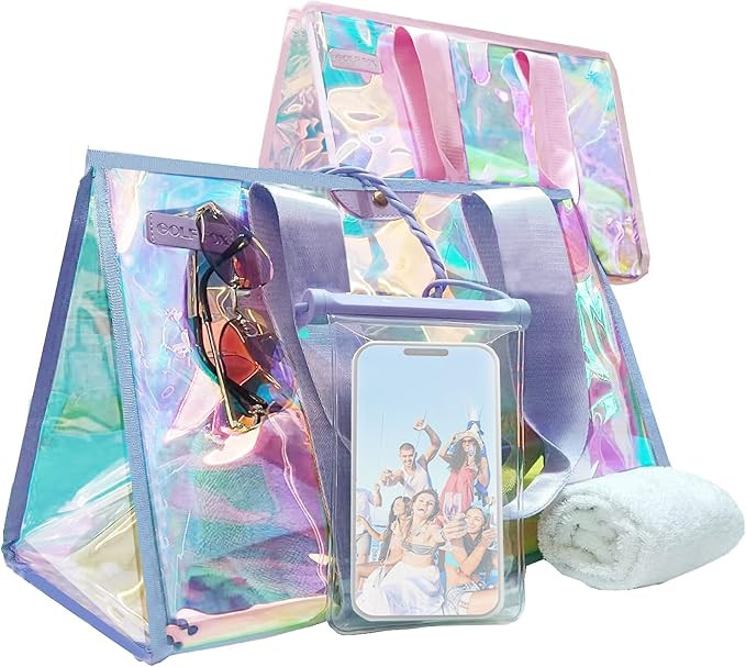 GolfFox Iridescent Beach Bag, 2Pack Jelly Beach Tote Bag with Phone Pouch | Large Beach Bag Water... | Amazon (US)