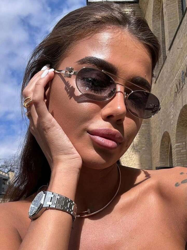 1pc Double Beam Metal Fashion Glasses Vintage Versatile Elliptical Small Frame Glasses Personalized Daily Street Sunshade Fashion Glasses Basics Fall Winter Women Outfits Clothes Business Casual Gifts | SHEIN