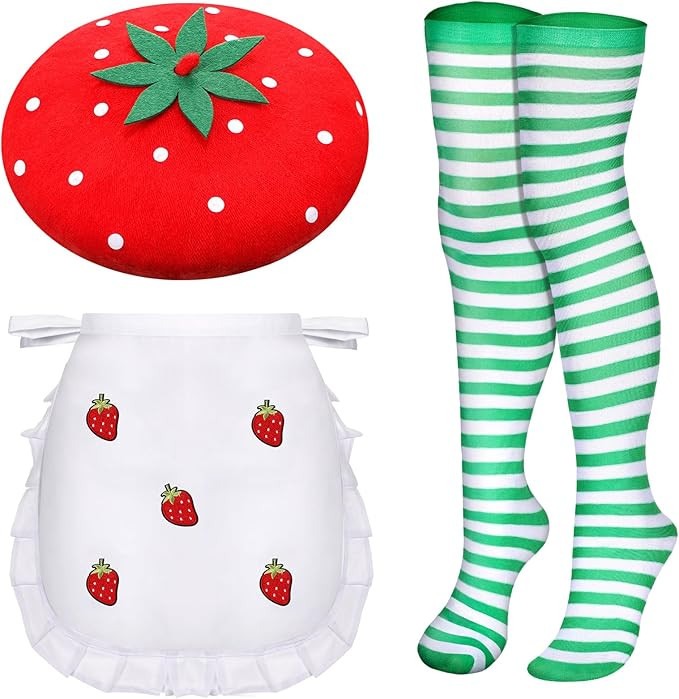 Coume 4 Pcs Halloween Strawberry Cake Costume Beret Hat Maid Cosplay Apron Tight Women Striped So... | Amazon (US)
