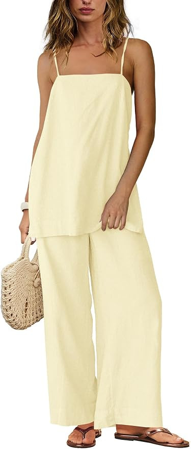Yanekop Linen Sets for Women 2 Piece Pants Summer Outfits Matching Lounge Sets Spaghetti Strap Ta... | Amazon (US)