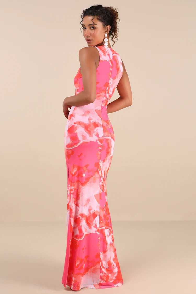 Telestia Hot Pink Abstract Mesh Mermaid Maxi Dress | Lulus