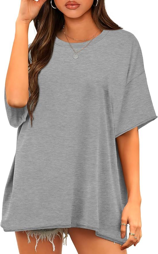 WIHOLL Oversized T Shirts for Women Cotton Short Sleeve Summer Tops Round Neck Basic Tees | Amazon (US)