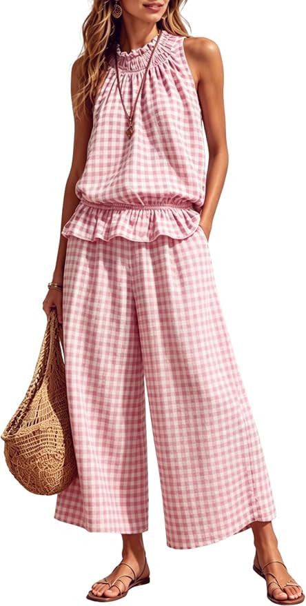 Tanming Women's 2 Piece Set Outfits Gingham Plaid Sleeveless Ruffle Top Wide Leg Pants Summer Cas... | Amazon (US)