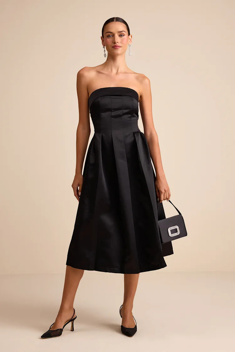 Indaya Black Satin Seamed Pleated Strapless Midi Dress | Lulus