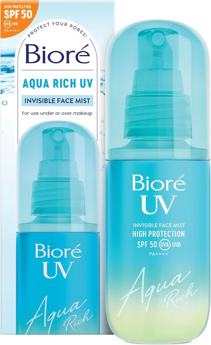 Biore SPF 50, Aqua Rich UV Invisible Face Mist, On-The-Go High Protection, Use Under And Over Mak... | Amazon (UK)