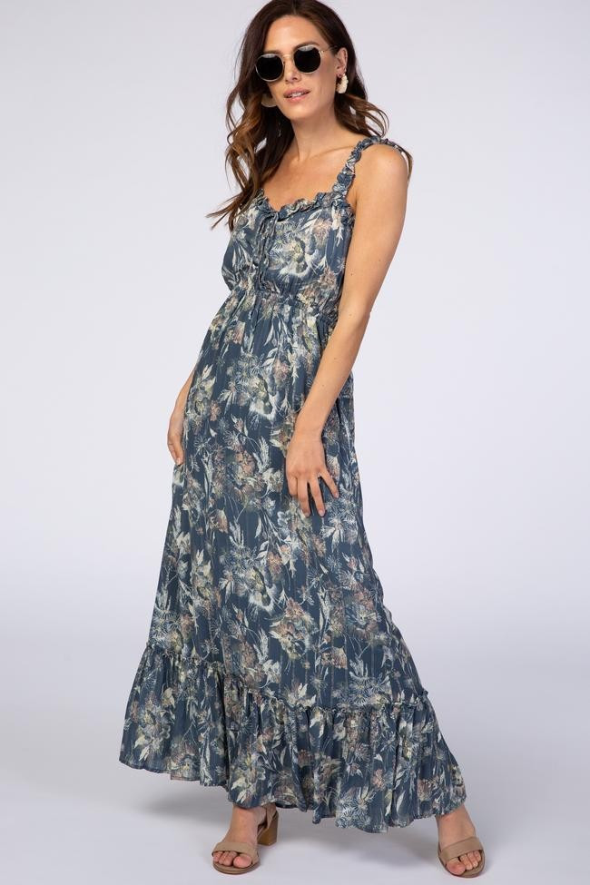 Blue Floral Shimmer Lace-Up Maxi Dress | PinkBlush Maternity