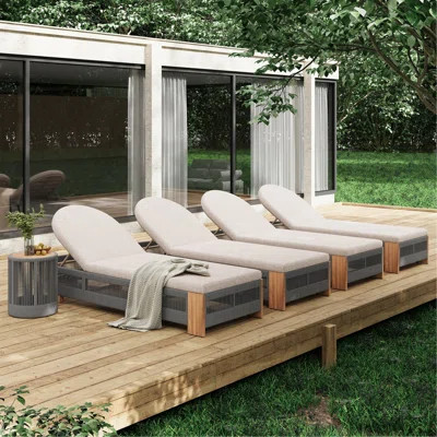 Outdoor Rope Chaise Lounge, Patio Lounge Chairs, Outside Poolside Lounge Furniture, Teak Look Wood Side Table And Beige Cushions, Chaise Lounge With A | Wayfair North America
