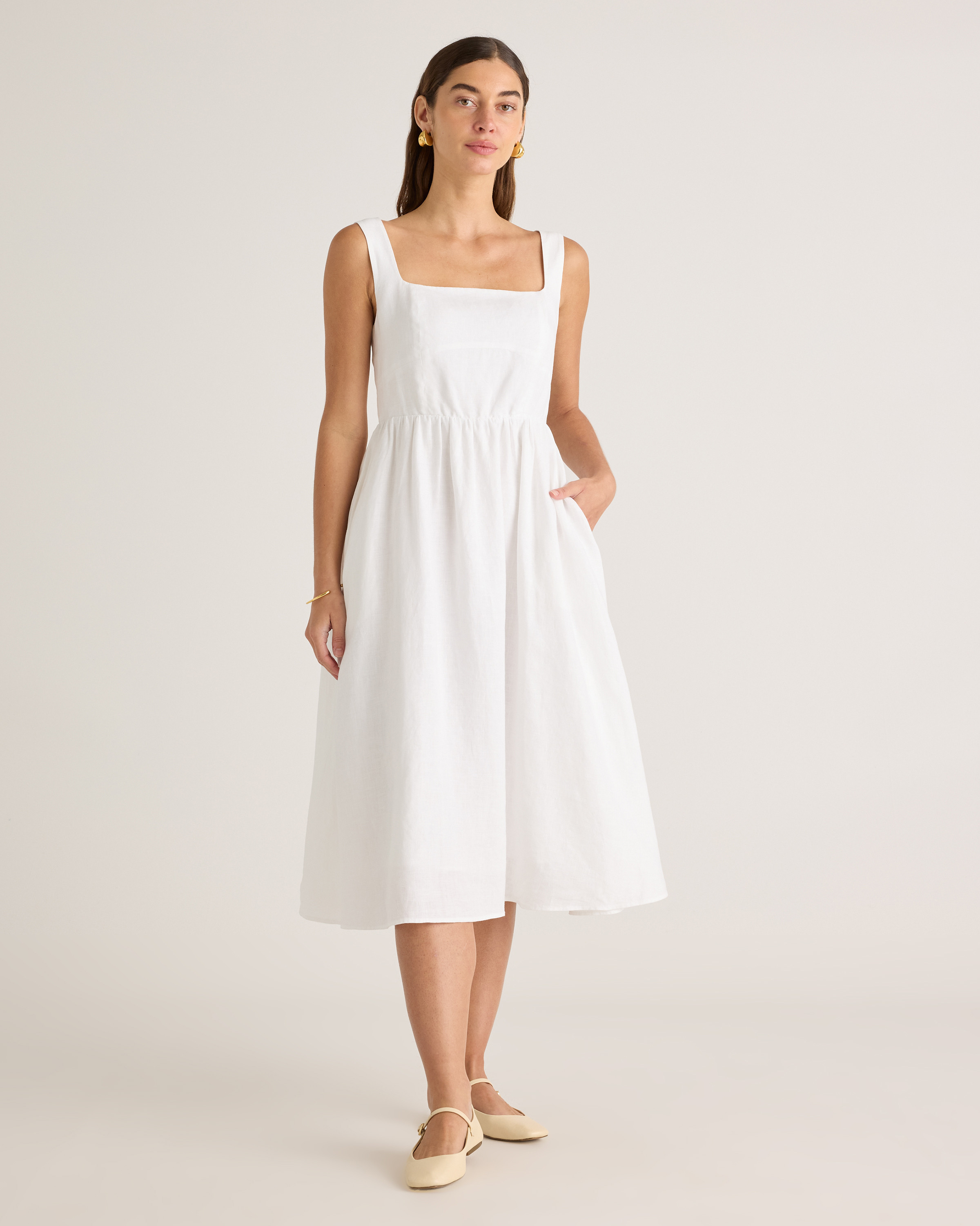 Quince | Women's 100% European Linen Fit & Flare Midi Dress in White, Size Medium | Quince