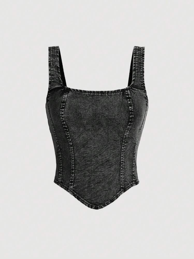 SHEIN MOD Women Black Casual Denim Tank Top With Wide Straps And Back Zipper | SHEIN