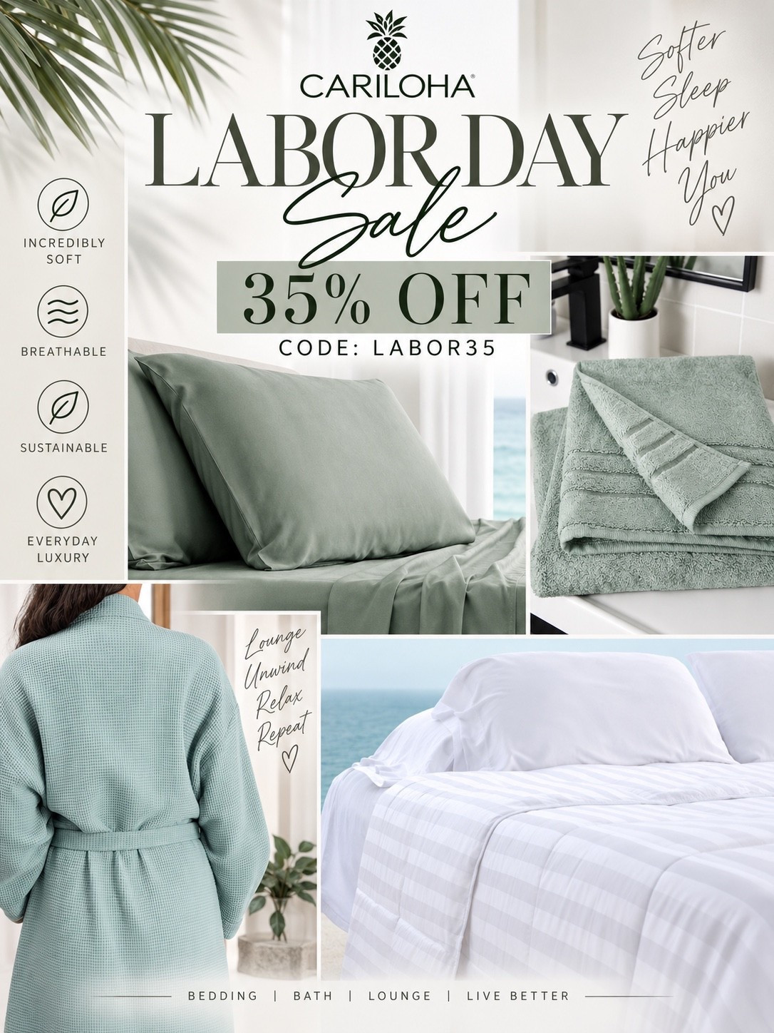 Huge sale over at @cariloha! They have the best sheets,duvet cover covers, mattress protectors, towels, and robes!!! Use code LABOR35! #ad