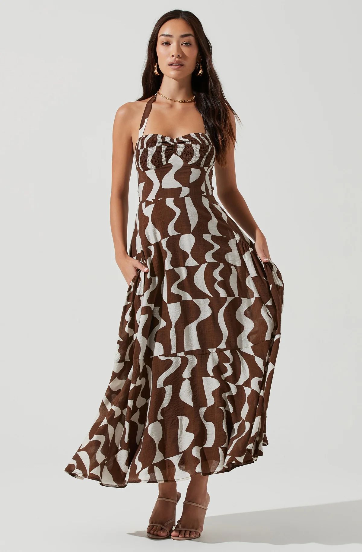 Mariella Abstract Print Halter Midi Dress - Brown white abstract / M | ASTR The Label (US)