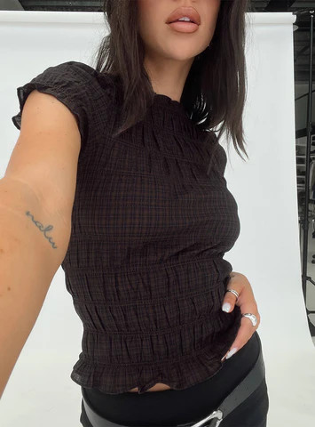 Romelle Shirred Top Black / Brown Plaid | Princess Polly US