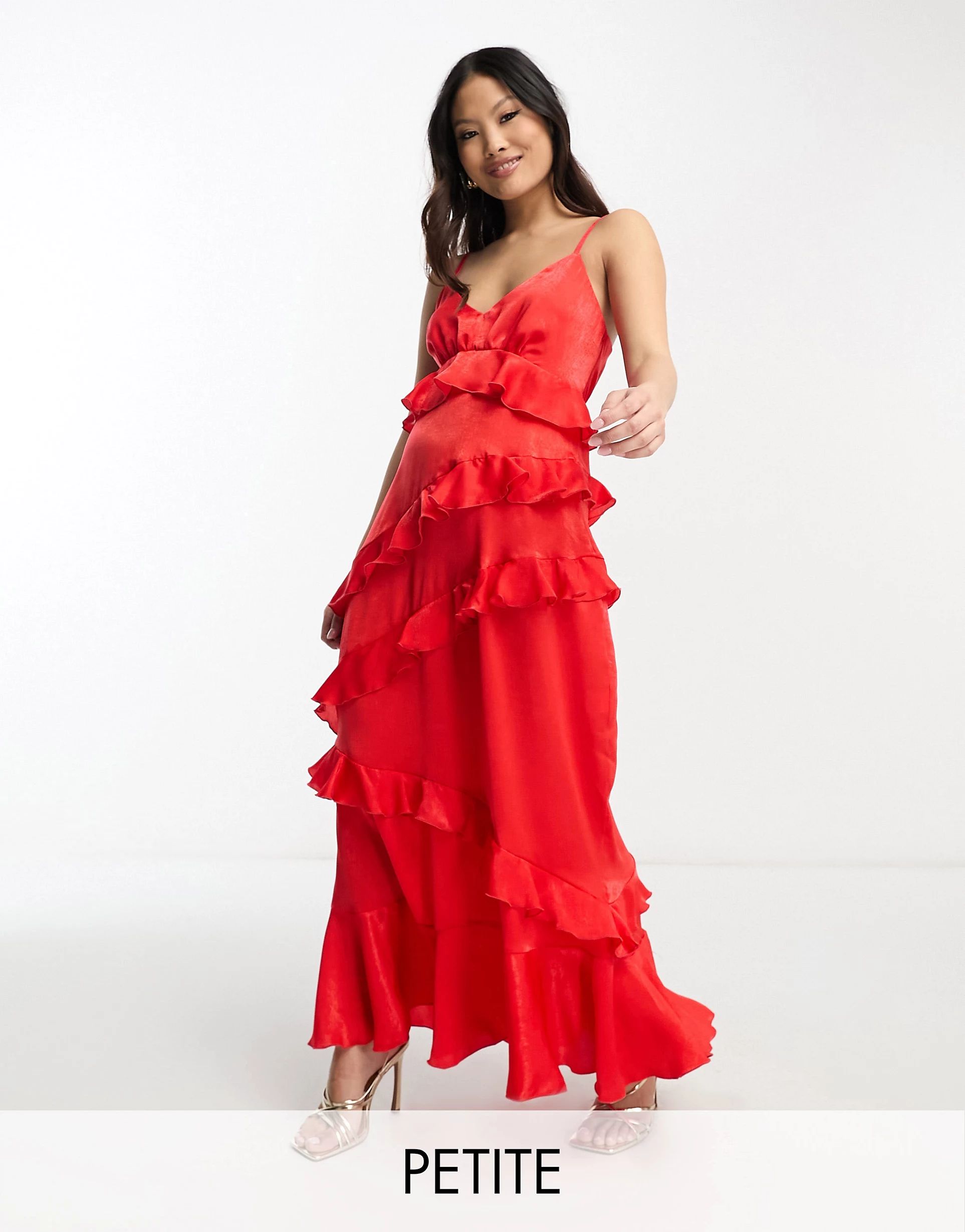 Flounce London Petite all over ruffle cami maxi dress in red | ASOS (Global)