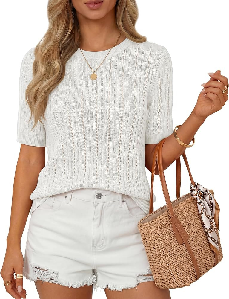 ZESICA Womens Summer Short Sleeve Knit Tops 2026 Crewneck Crochet Sweater Tops for Women Casual T... | Amazon (US)