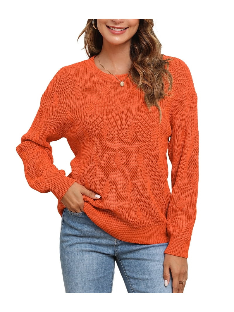 Uvplove Women's Long Sleeve Crew Neck Knitted Pullover Sweater orange-m | Walmart (US)