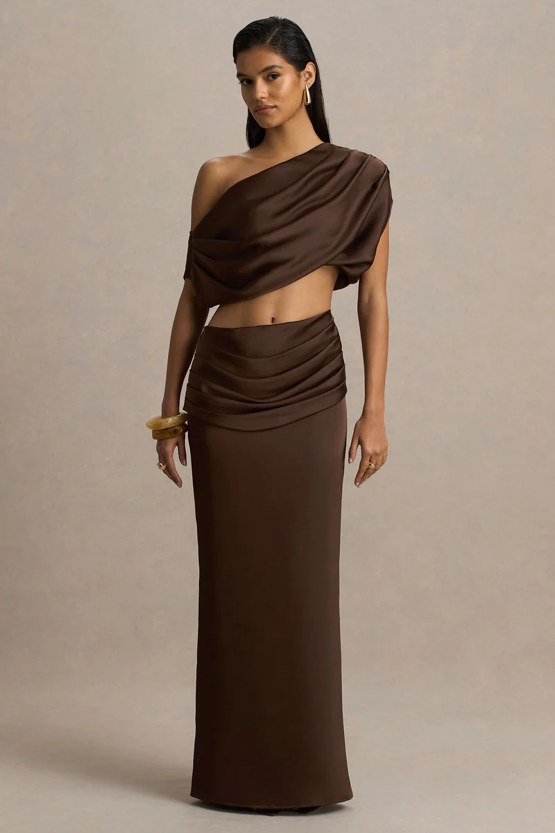 Megan | Brown Satin Wrap Maxi-Skirt With Gathered Detailing | Club L London