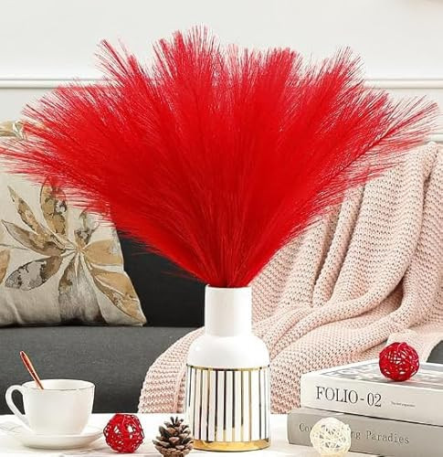 Serwalin 60Pcs Red Pampas Grass Decor, 17.7" Faux Pampas Grass, Artificial Short Pompas Grass Fluffy Plant Vase Filler Boho Decoration for Christmas Tree Decor Home Wedding Party | Amazon (US)