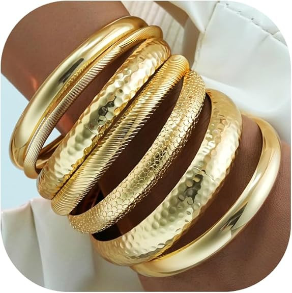 YEEZII Gold Bangle Bracelets for Women, 7Pcs 14K Gold Plated Boho Indian Multi Stackable Textured... | Amazon (US)