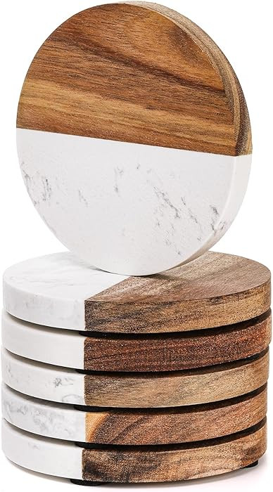 ZENFUN Round Drink Coasters Set of 6, Marble & Wooden Table Coasters with Non-Slip Pad for Glasse... | Amazon (CA)