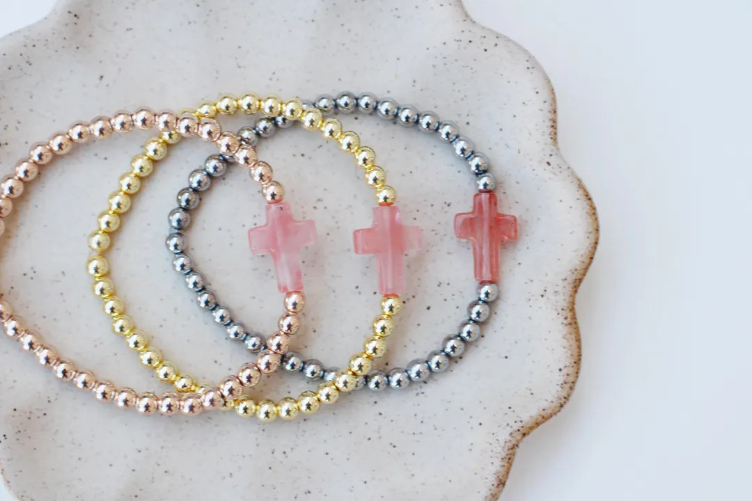 Pink Quartz Cross Bracelet | Cross Bracelet | Cross Accent Bead Bracelet | Jesus Bracelet | Stack... | Etsy (US)